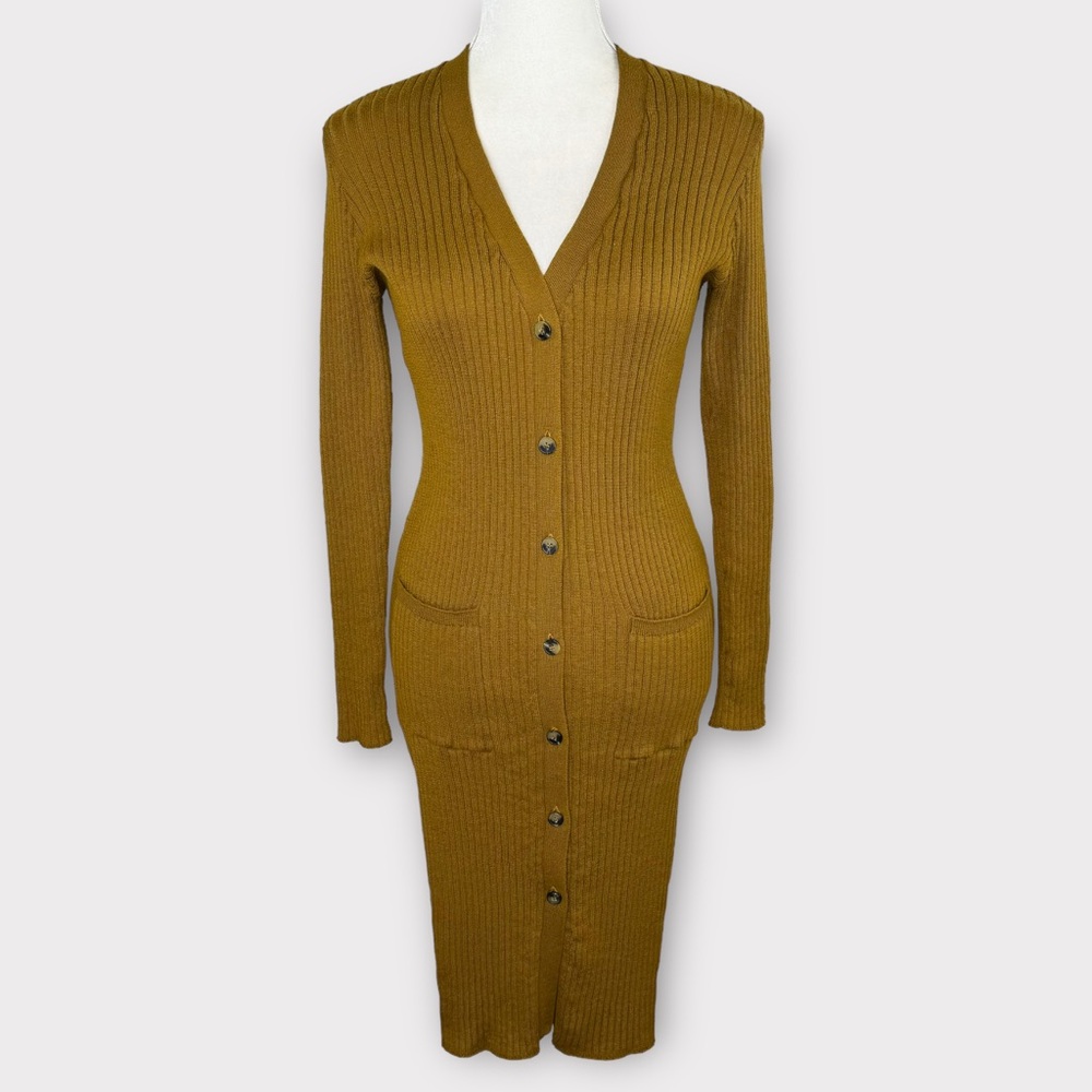 Forever 21 mustard yellow long cardigan dress S bodycon button down v-neck EUC